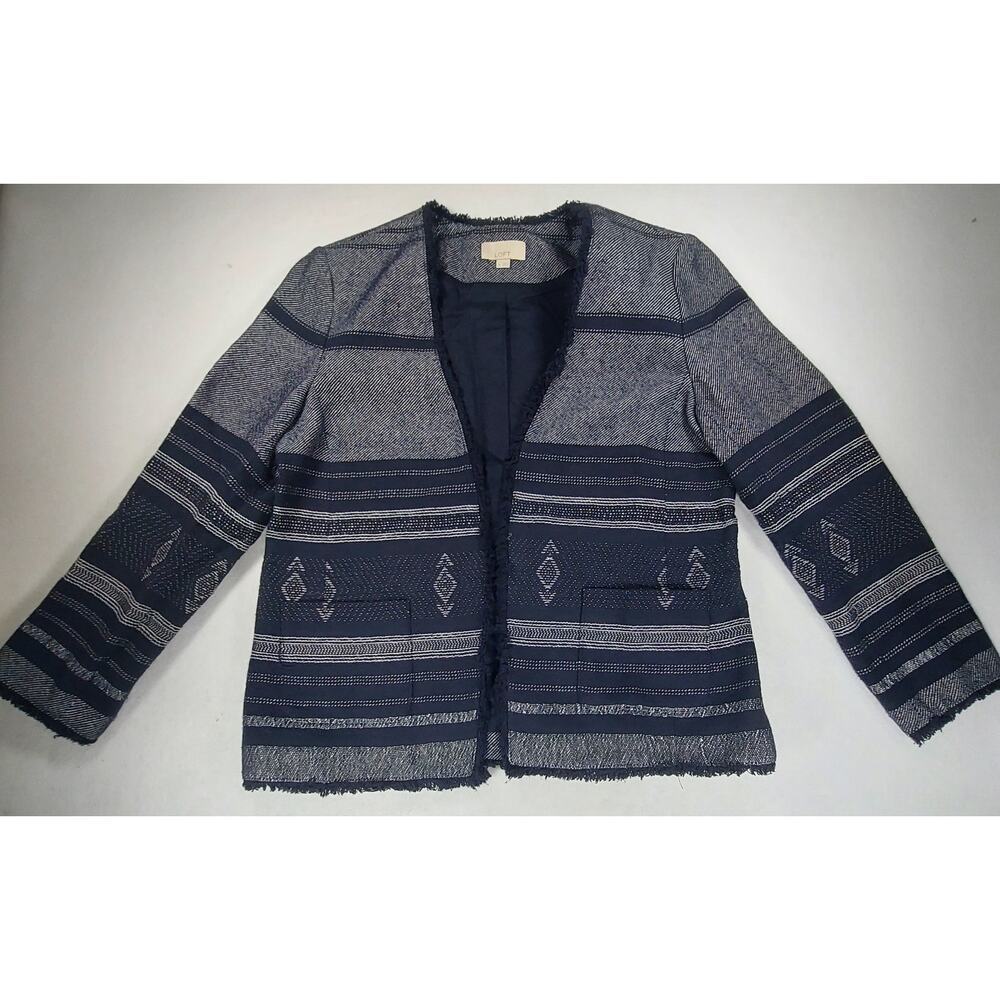 LOFT Womens Size Med Navy Aztec Blue Patterned Tweed Open Blazer Fringe Jacket